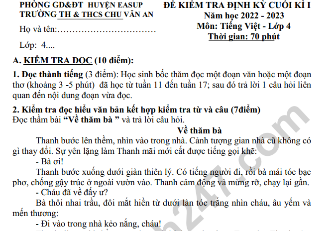 Đề thi kì 1 môn Tiếng Việt lớp 4 năm 2022 - THCS Chu Văn An (Có đáp án)