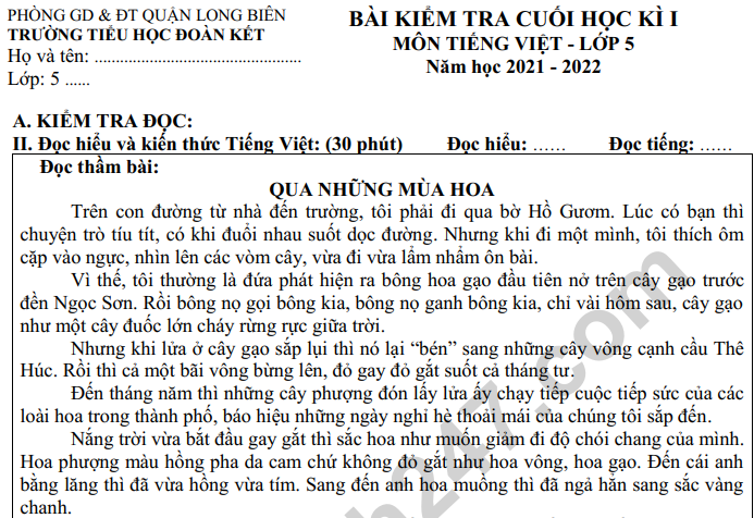 Đề thi kì 1 lớp 5 môn Tiếng Việt 2022 - TH Đoàn Kết (Có đáp án)