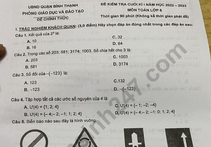 Đề thi cuối kì 1 môn Toán lớp 6 - Quận Bình Thạnh 2022