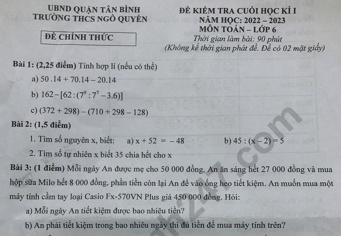 Đề thi học kì 1 lớp 6 môn Toán 2022 - THCS Ngô Quyền