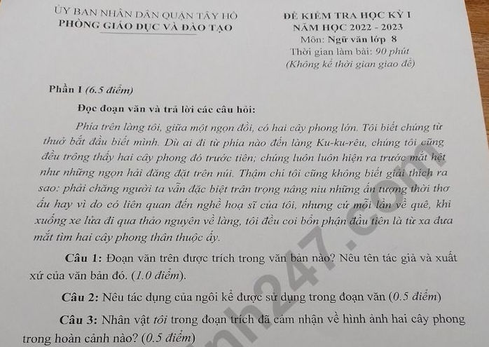 Đề thi kì 1 môn Văn lớp 8 - Quận Tây Hồ 2022