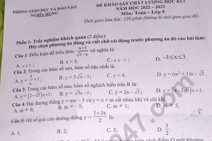 Đề thi kì 1 lớp 9 môn Toán 2022 - Phòng GD Nghĩa Hưng