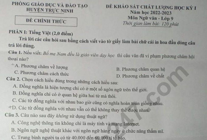 Đề thi kì 1 môn Văn lớp 9 - Phòng GD Trực Ninh 2022