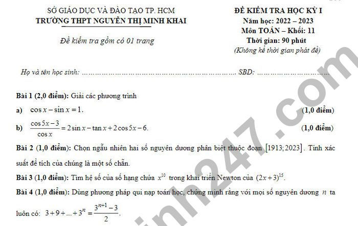 Đề thi đua kì 1 môn Toán lớp 11 trung học phổ thông Nguyễn Thị Minh Khai 2022 (Có đáp án)