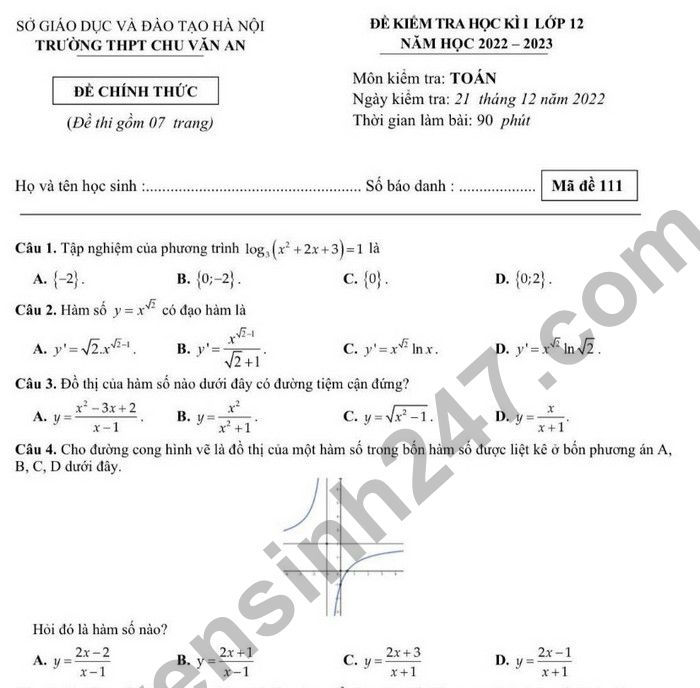 Đề thi HK 1 lớp 12 môn Toán 2022 THPT Chu Văn An