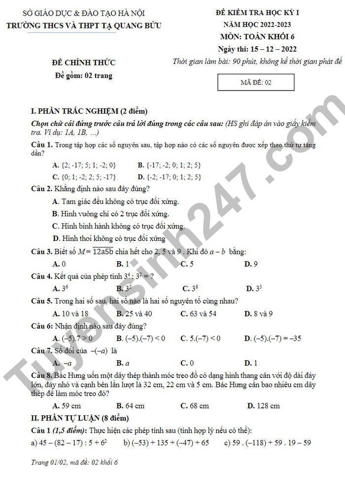 Đề thi kì 1 môn Toán lớp 6 năm 2022 - THCS&THPT Tạ Quang Bửu (Có đáp án)