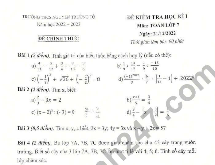 Đề thi kì 1 lớp 7 môn Toán 2022 - THCS Nguyễn Trường Tộ