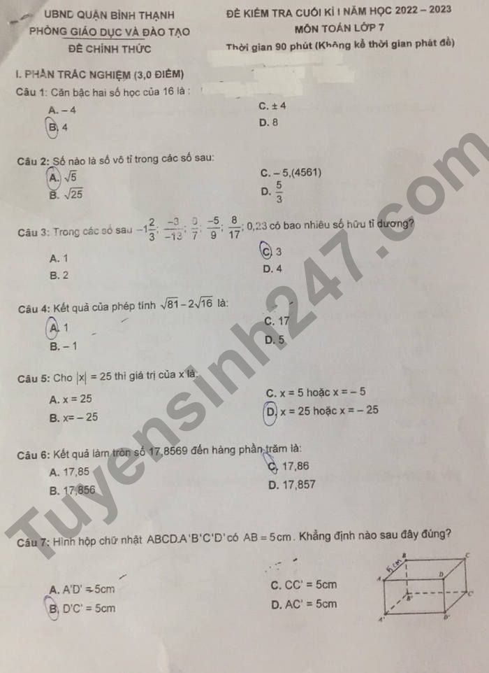 Đề kiểm tra kì 1 lớp 7 Quận Bình Chánh môn Toán 2022