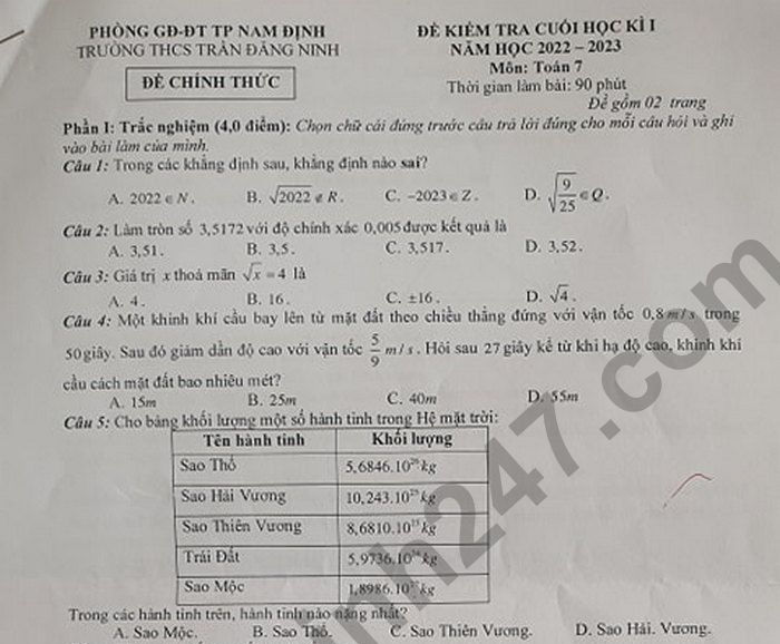 Đề kiểm tra kì 1 môn Toán lớp 7 THCS Trần Đăng Ninh 2022