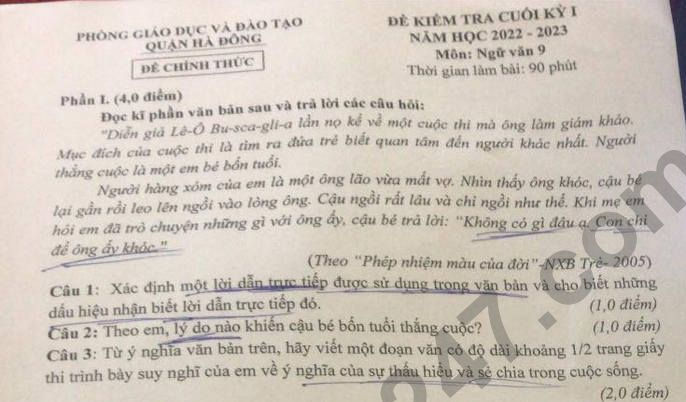 Đề thi kì 1 lớp 9 năm 2022 môn Văn Quận Hà Đông