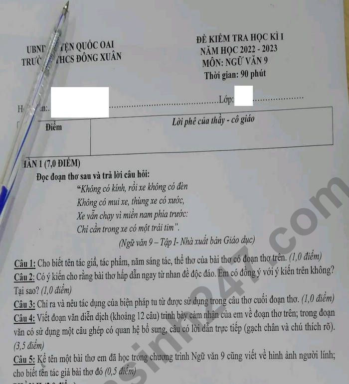 Đề thi kì 1 môn Văn lớp 9 năm 2022 - THCS Đông Xuân