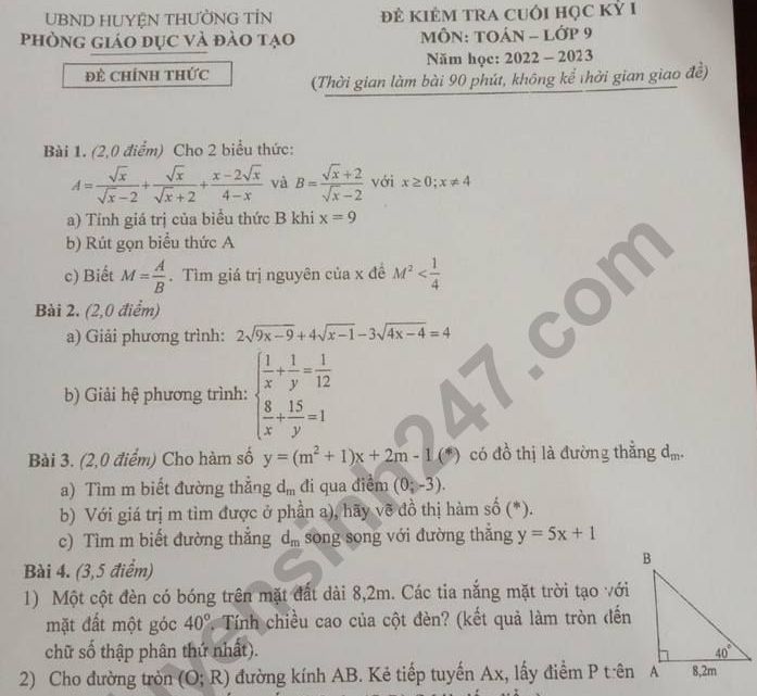 Đề thi học kì 1 lớp 9 năm 2022 môn Toán - Phòng GDĐT Huyện Thường Tín