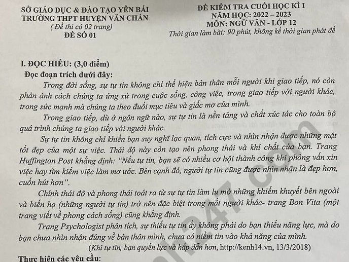 Đề thi học kì 1 lớp 12 môn Văn 2022 - THPT Văn Chấn