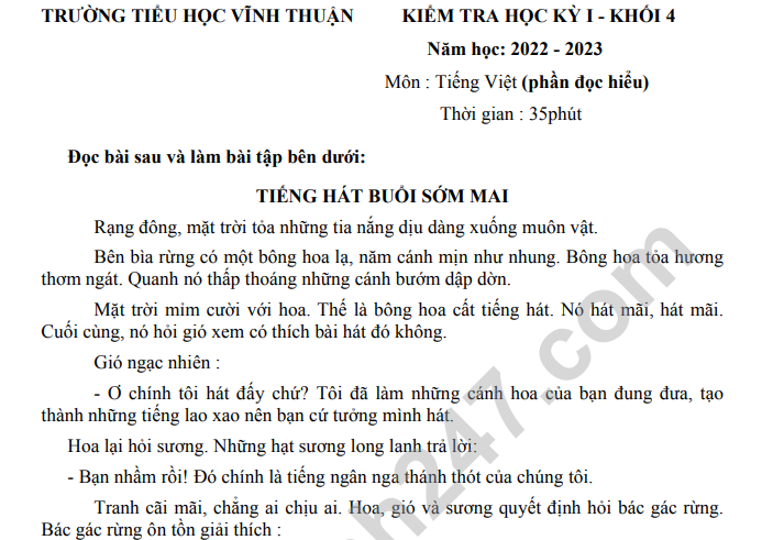 Đề thi cuối kì 1 lớp 4 môn Tiếng Việt 2022 (Có đáp án) - TH Vĩnh Thuận