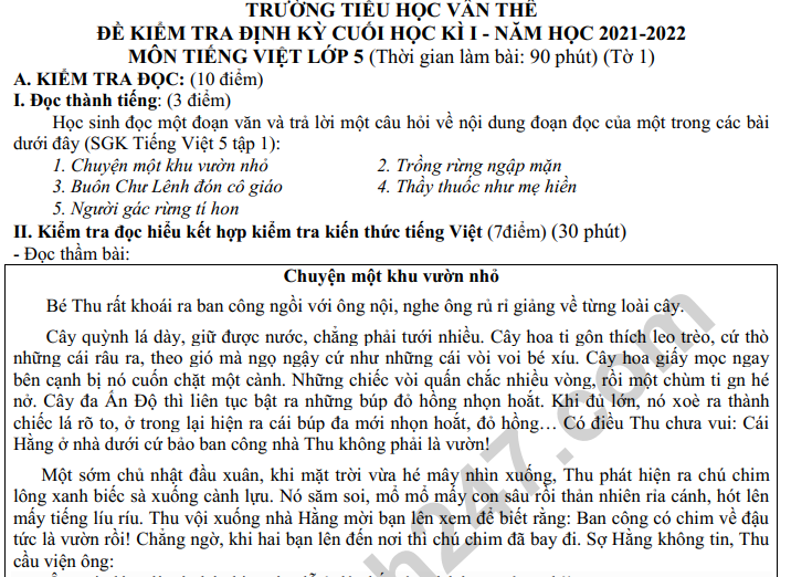 Đề thi kì 1 lớp 5 môn Tiếng Việt năm 2022 (Có đáp án) - TH Vân Thê