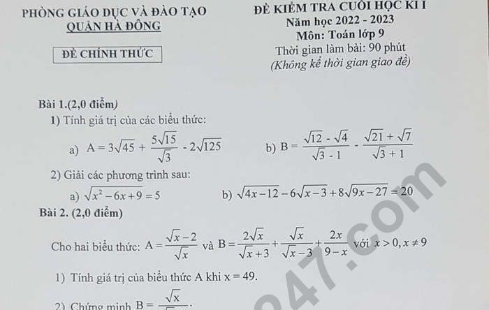 Đề thi kì 1 lớp 9 môn Toán 2022 - Quận Hà Đông (Có đáp án)