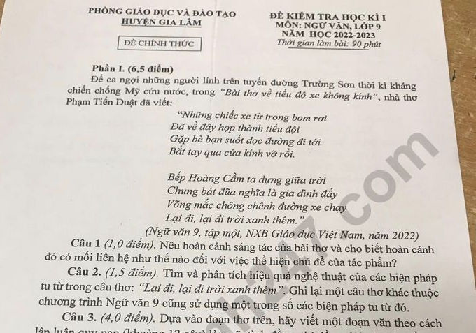 Đề thi kì 1 môn Văn lớp 9 - Phòng GD Gia Lâm 2022