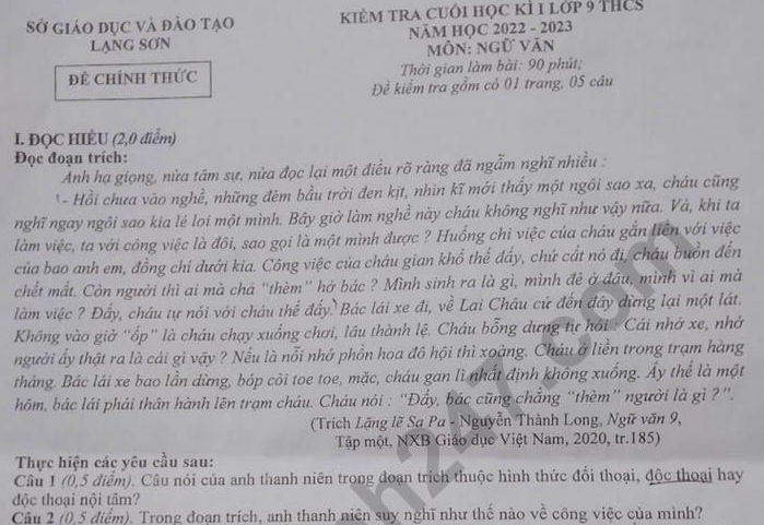 Đề thi kì 1 môn Văn lớp 9 - Sở GD Lạng Sơn 2022