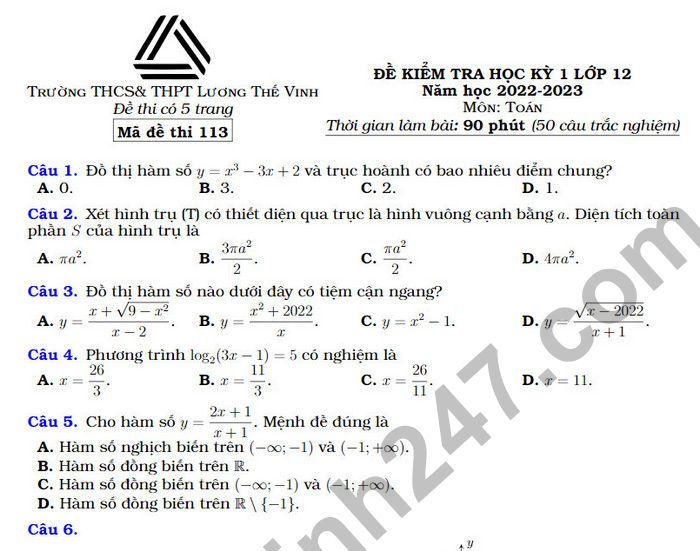 Đề thi HK 1 môn Toán 2022 lớp 12 THCS&THPT Lương Thế Vinh (Có đáp án)