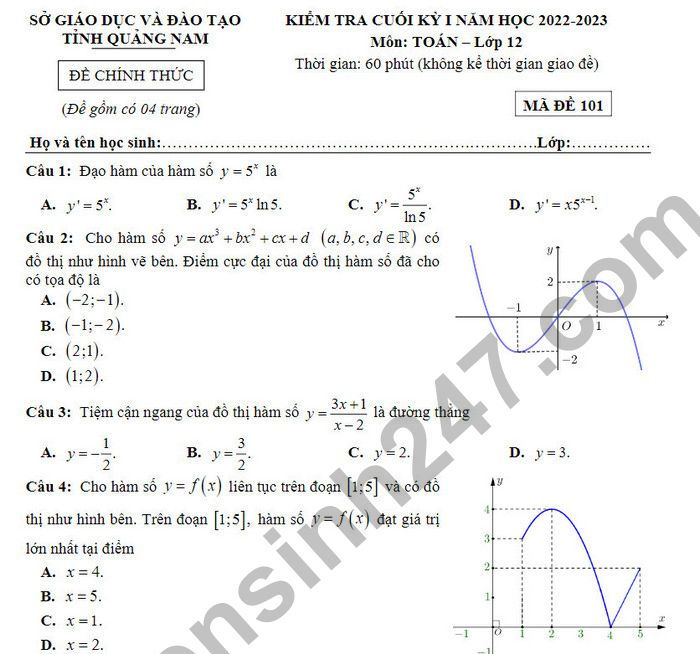 Đề kiểm tra kì 1 tỉnh Quảng Nam môn Toán lớp 12 năm 2022 (Có đáp án)