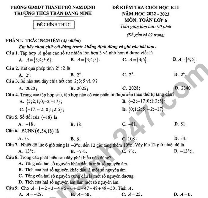 Đề thi cuối kì 1 môn Toán lớp 6 THCS Trần Đăng Ninh 2022