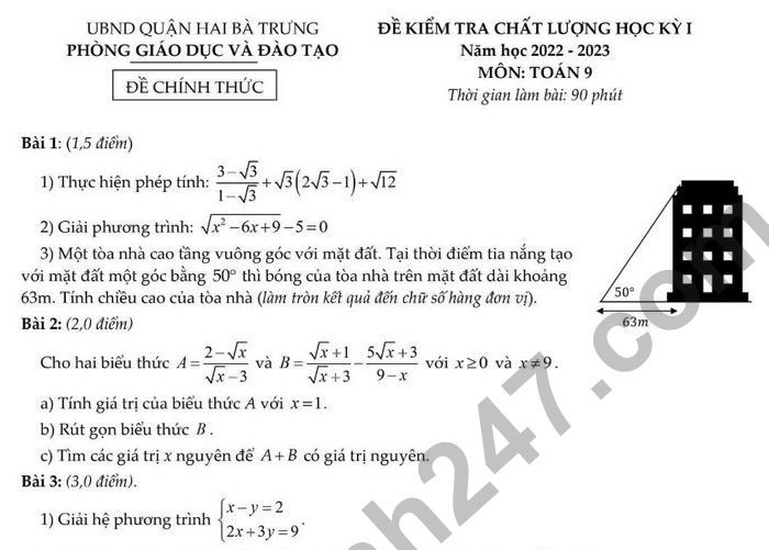 Đáp án đề thi cuối kì 1 môn Toán 2022 lớp 9 Quận Hai Bà Trưng