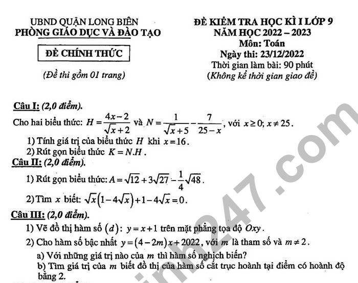 Đề thi kì 1 môn Toán lớp 9 năm 2022 Quận Long Biên (Có đáp án)