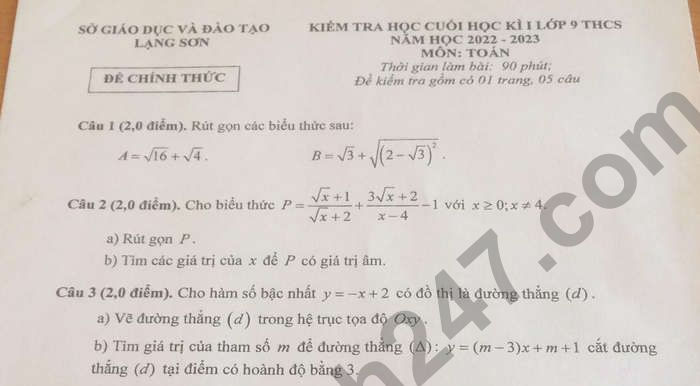 Đề thi cuối kì 1 môn Toán lớp 9 Sở GDĐT Lạng Sơn 2022