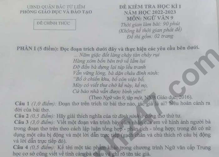 Đề thi kì 1 môn Văn 2022 lớp 9 - Quận Bắc Từ Liêm