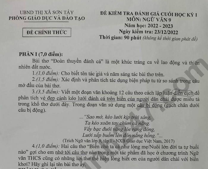 Đề thi cuối kì 1 lớp 9 năm 2022 môn Văn - TX Sơn Tây