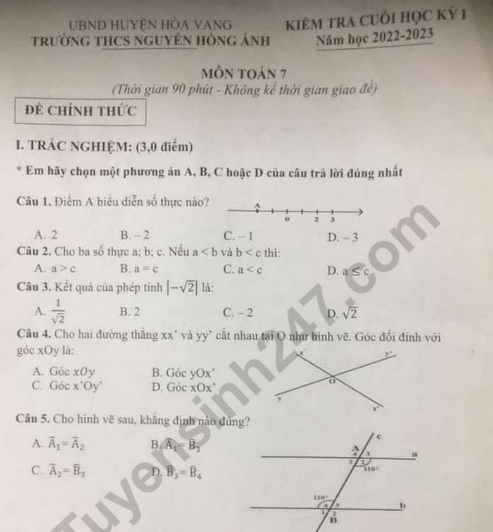 Đề thi kì 1 lớp 7 môn Toán năm 2022 - THCS Nguyễn Hồng Ánh