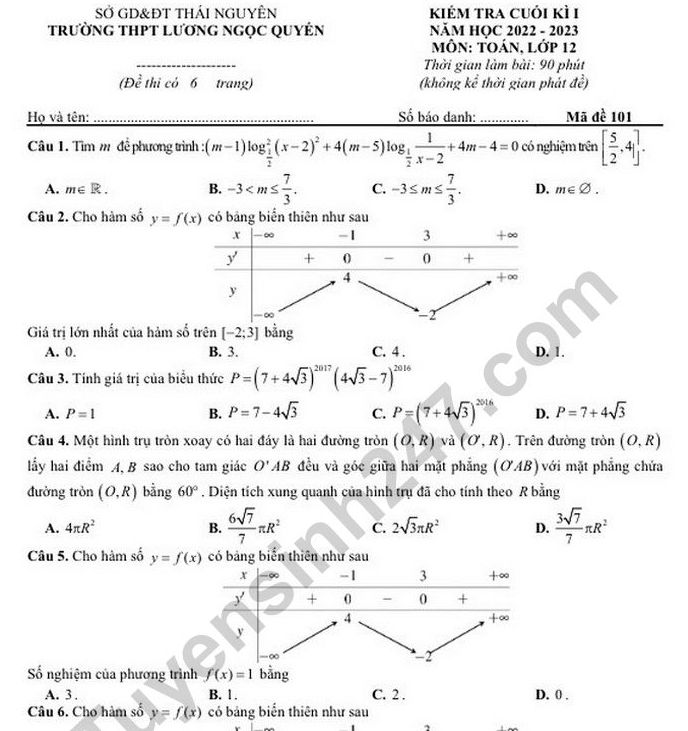 Đề thi kì 1 lớp 12 môn Toán năm 2022 - THPT Lương Ngọc Quyến (Có đáp án)