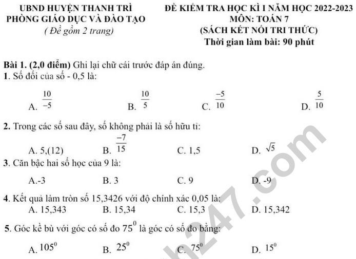 Đề thi kì 1 môn Toán lớp 7 năm 2022 (Có đáp án) Phòng GD Thanh Trì