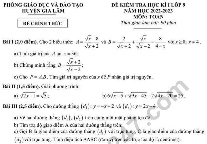 Đề thi kì 1 lớp 9 môn Toán năm 2022 (Có đáp án) huyện Gia Lâm