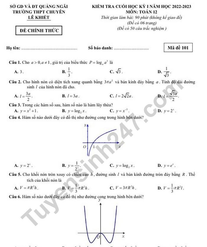 Đề thi học kì 1 lớp 12 năm 2022 môn Toán - THPT Chuyên Lê Khiết