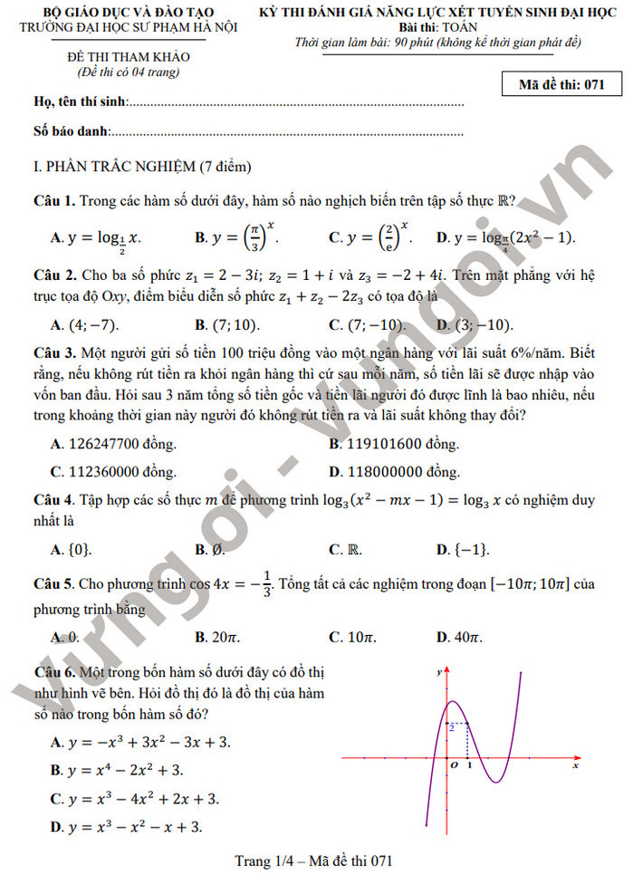 Đề thi tham khảo đánh giá năng lực ĐH Sư phạm Hà Nội - môn Toán