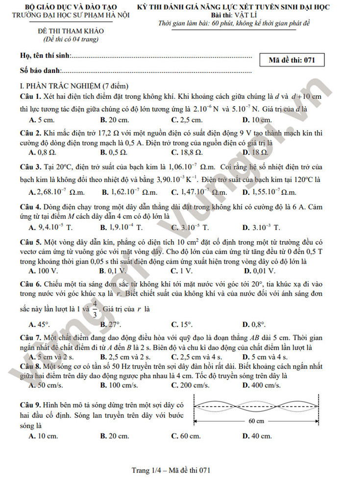 Đề thi đánh giá năng lực môn Lý (tham khảo) - ĐH Sư phạm Hà Nội