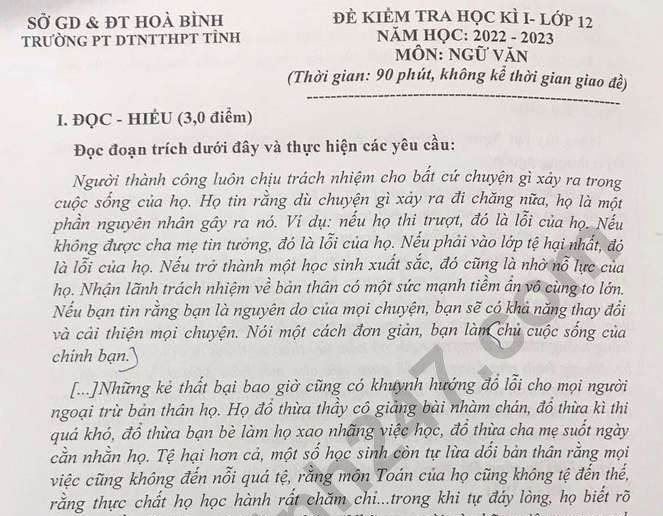 Đề thi học kì 1 môn Văn lớp 12 năm 2022 - PTDTNT Hòa Bình