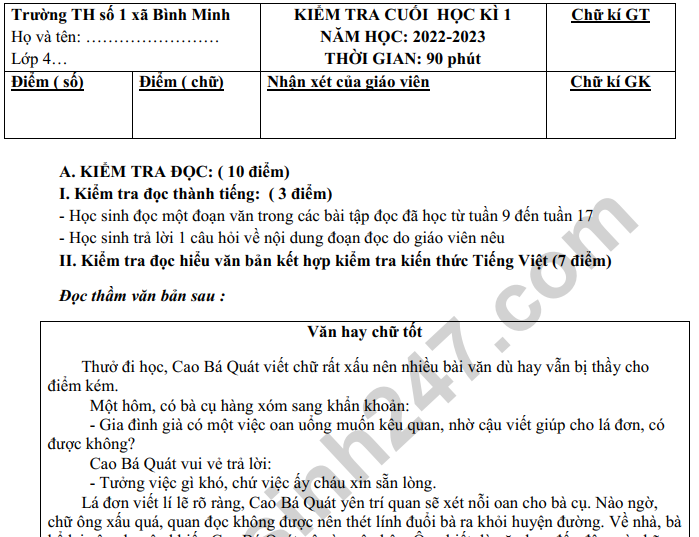 Đề thi kì 1 môn Tiếng Việt lớp 4 năm 2022 - TH Bình Minh (Có đáp án)