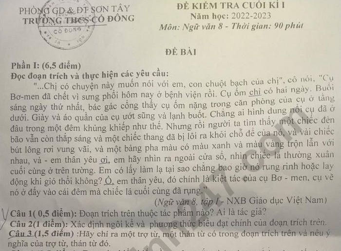 Đề thi kì 1 môn Văn lớp 8 - THCS Cổ Đông năm 2022