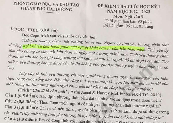 Đề thi kì 1 lớp 9 năm 2022 môn Văn - Phòng GD Hải Dương