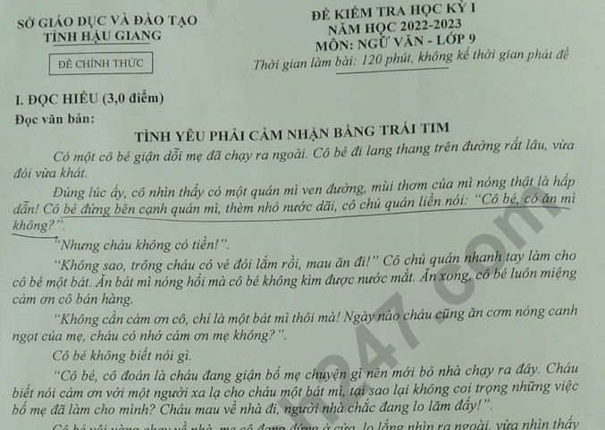 Đề thi cuối kì 1 lớp 9 môn Văn 2022 - Sở GD Hậu Giang