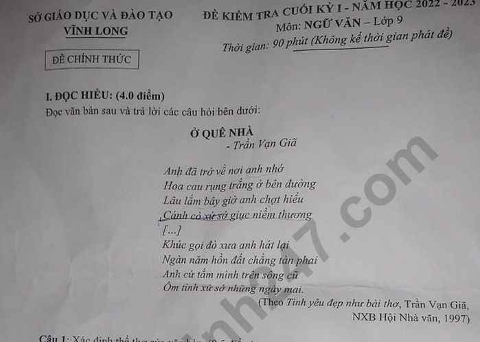 Đề thi cuối kì 1 môn Văn lớp 9 - Sở GD Vĩnh Long 2022