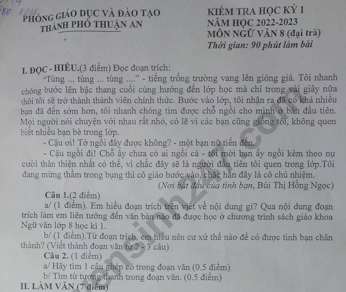 Đề thi học kì 1 lớp 8 năm 2022 môn Văn - Thành Phố Thuận An