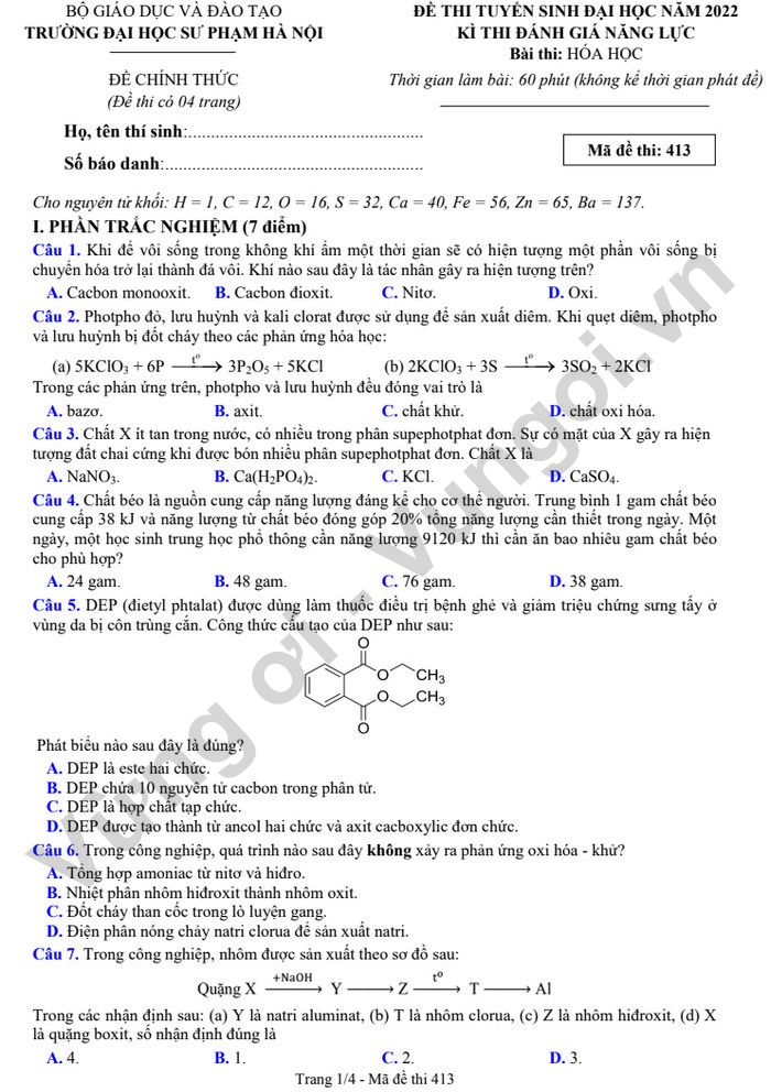 Đáp án đề thi đánh giá năng lực 2022 ĐH Sư phạm Hà Nội - môn Hóa