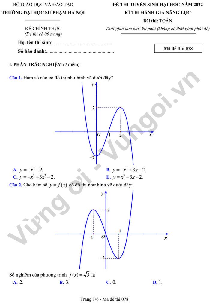 Đề thi môn Toán đánh giá năng lực 2022 - ĐH Sư phạm Hà Nội (có đáp án)