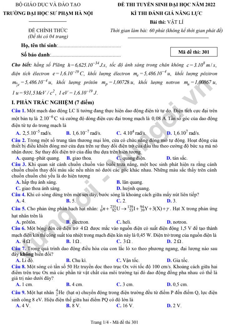Đề thi đánh giá năng lực môn Lý 2022 có đáp án - ĐH Sư phạm Hà Nội