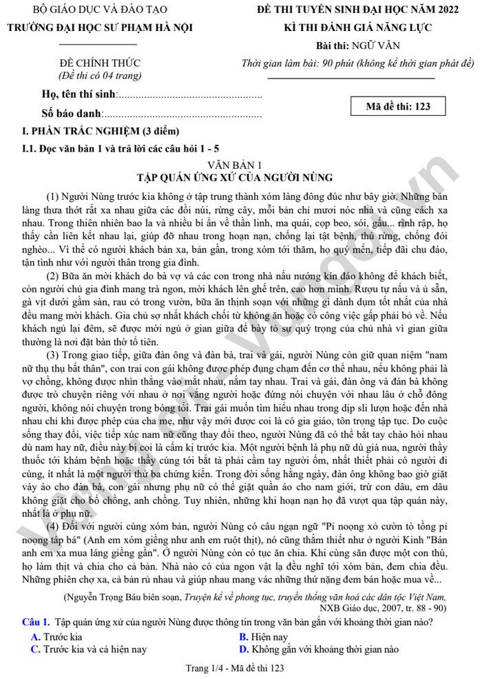 Đề thi đánh giá năng lực ĐH Sư phạm Hà Nội - môn Văn 2022 (có đáp án)