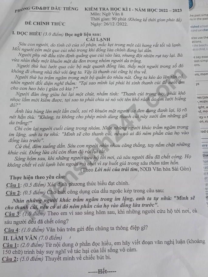 Đề thi học kì 1 lớp 8 năm 2022 môn Ngữ Văn phòng GD&ĐT Dầu Tiếng