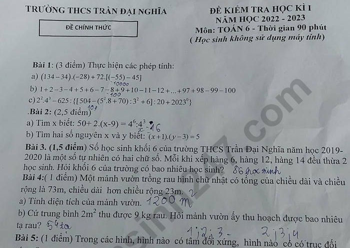 Đề thi kì 1 lớp 6 môn Toán 2022 - THCS Trần Đại Nghĩa